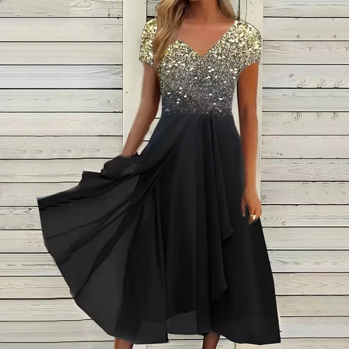 Fashionable casual chiffon women’s dress with short sleeves and V-neck, knee-length summer style – CyberStreetOne gold black