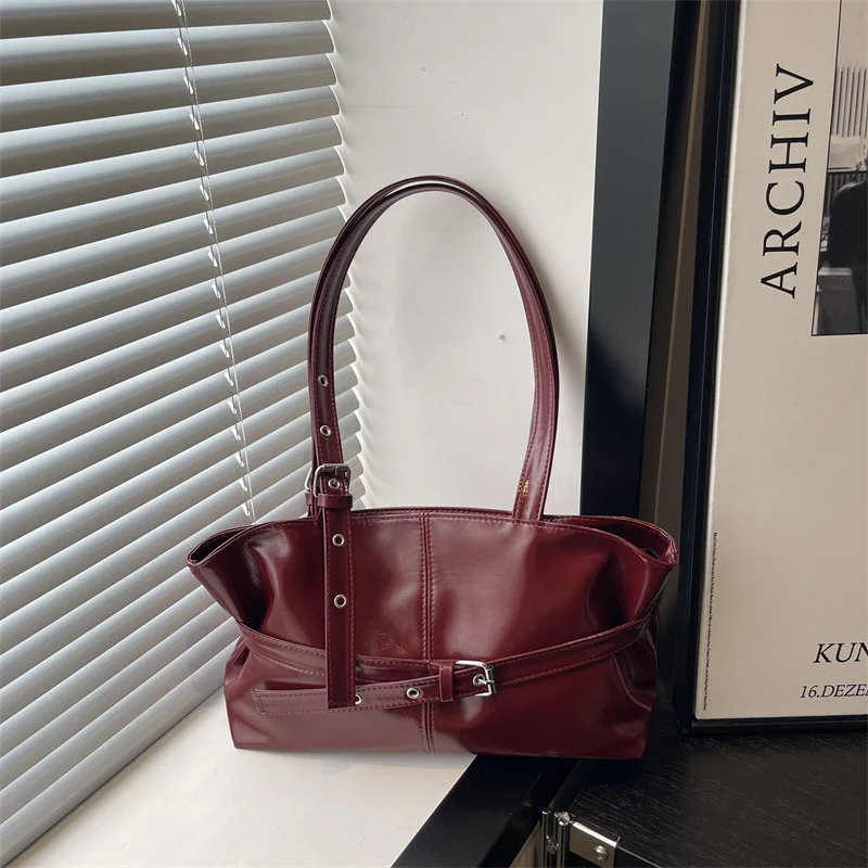New Fashionable Versatile Belt Buckle Handbag Korean Style Solid Color Soft Leather Women’s Casual Shoulder Bag Underarm Bag