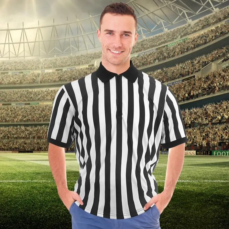 Juhai Court Uniform Striped Shape Short Sleeve V-neck Sweat Absorption  Anti-Deformed Referee Wearing Polyester Fiber Sporting Goods Collared  Referee