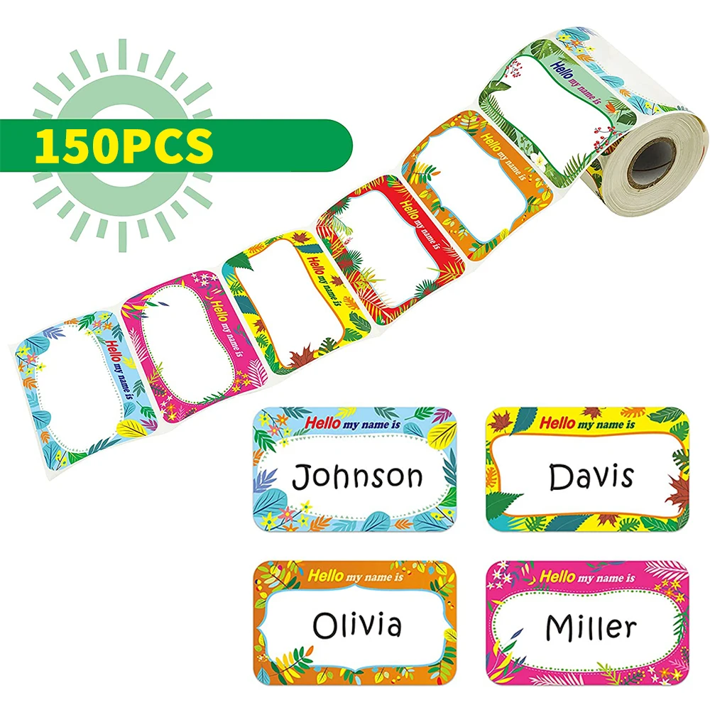 New 150 Pcs/Roll Name Stickers 6 Designs Color Plant Pattern Sealing Labels Students Kids Name Tags Office Stationery Supplies