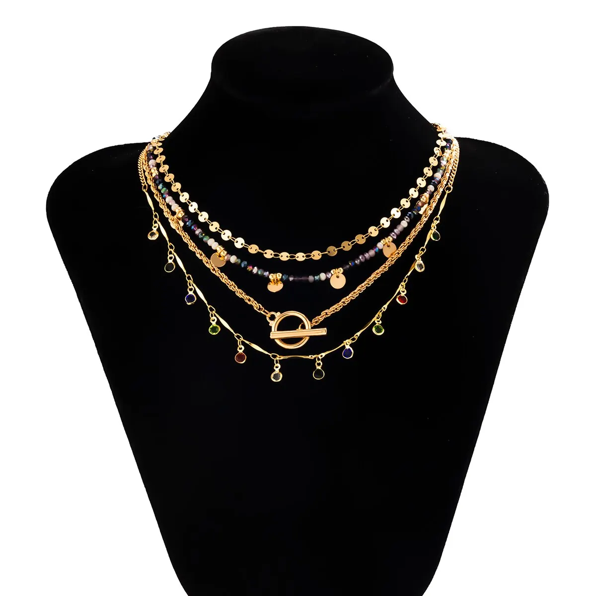 Sa1546c75f8c94becb97f8ccf3a51ade9W 4Pcs/Set Boho Colorful Crystal Sequin Tassel Pendant Choker Necklace for Women Trendy Summer Vintage OT Buckle Chain Y2K Jewelry Mallzona