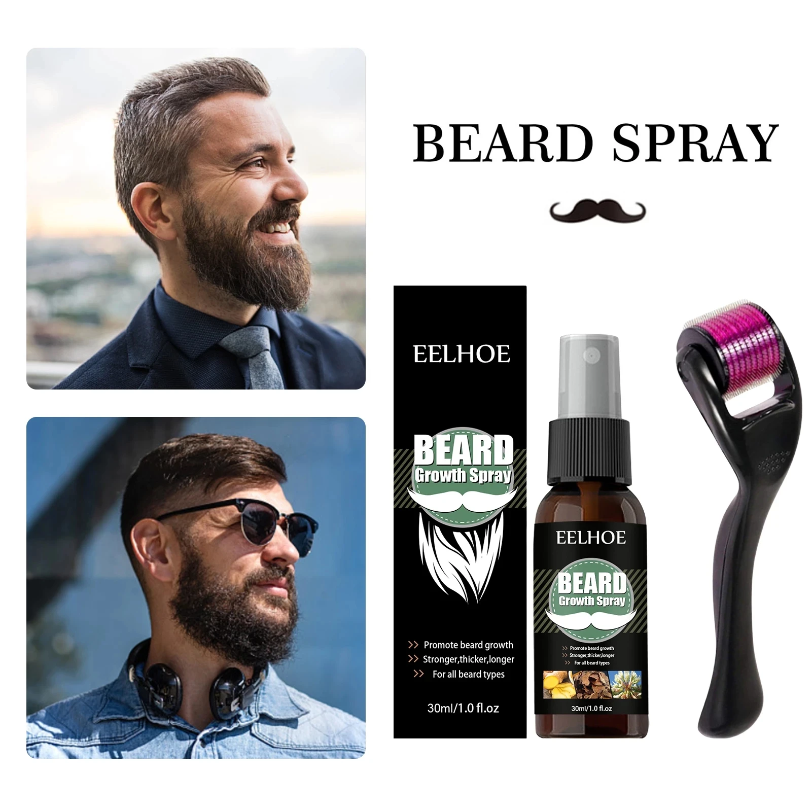 

30ml Men Beard Growth Roller Kit Men's Beard Growth Oil Nourishing Enhancer Beard Oil Spray Anti Hair Loss Men Beard Care