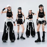 Kid Hip Hop Clothing Black Halter Crop Tank Faux Leather Strap Shorts Lace Belt Parachute Pants for Girl Dance Costume Clothes