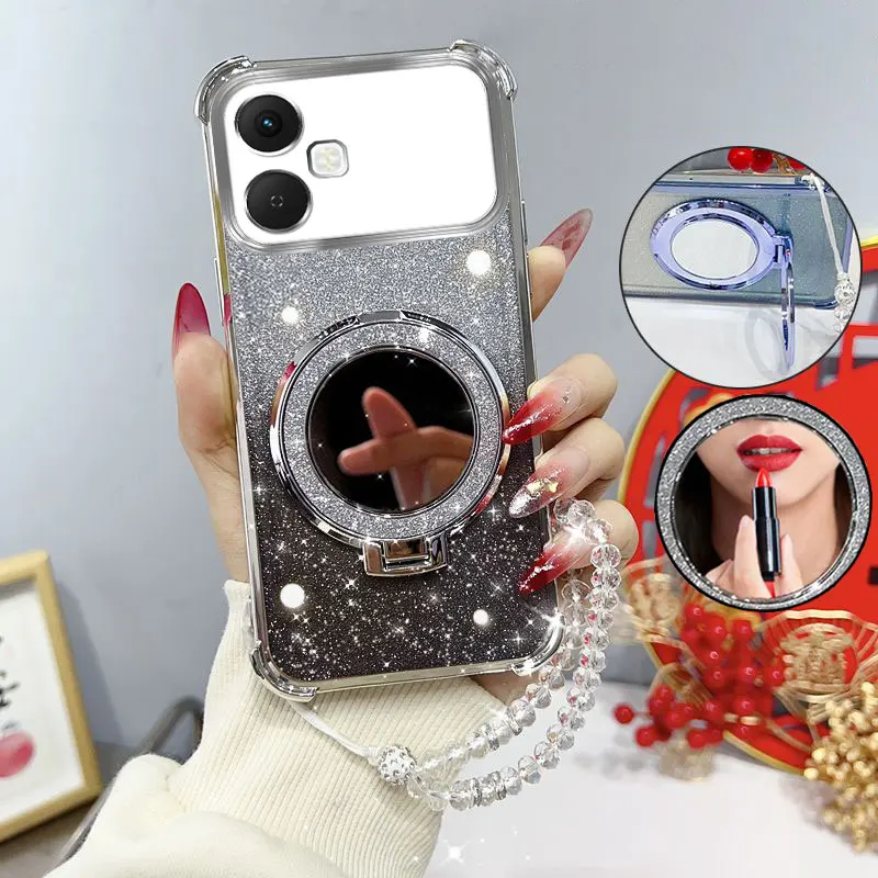 Glitter Shockproof Phone Case with Mirror Stand and Beaded Strap