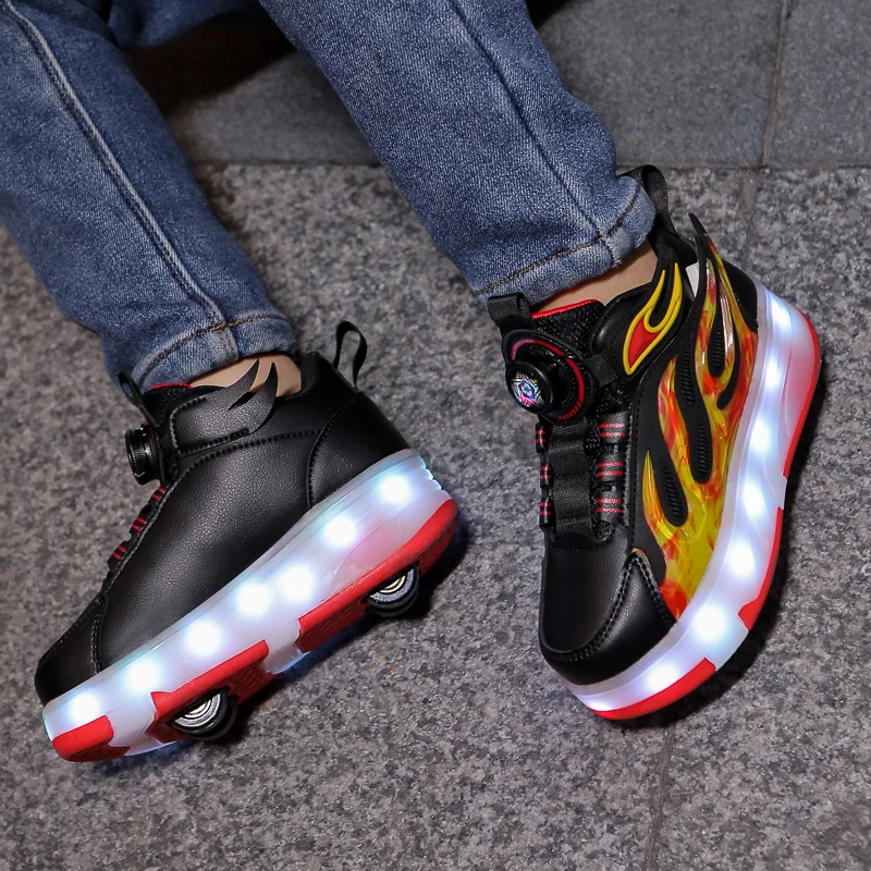New children's four-wheel novice light up rotary button automatic shrinkage fast walking shoes for boys sneakers