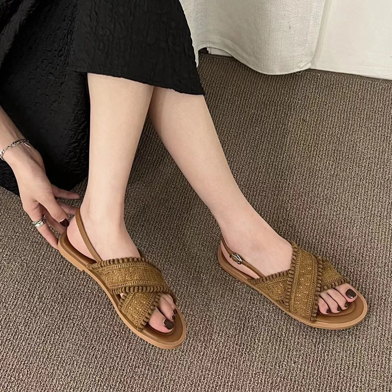 Retro Crochet Lace Slingback Sandals Woman Ethnic Fashion Cross Strap Sandalias Ladies Casual Flat Summer Shoes