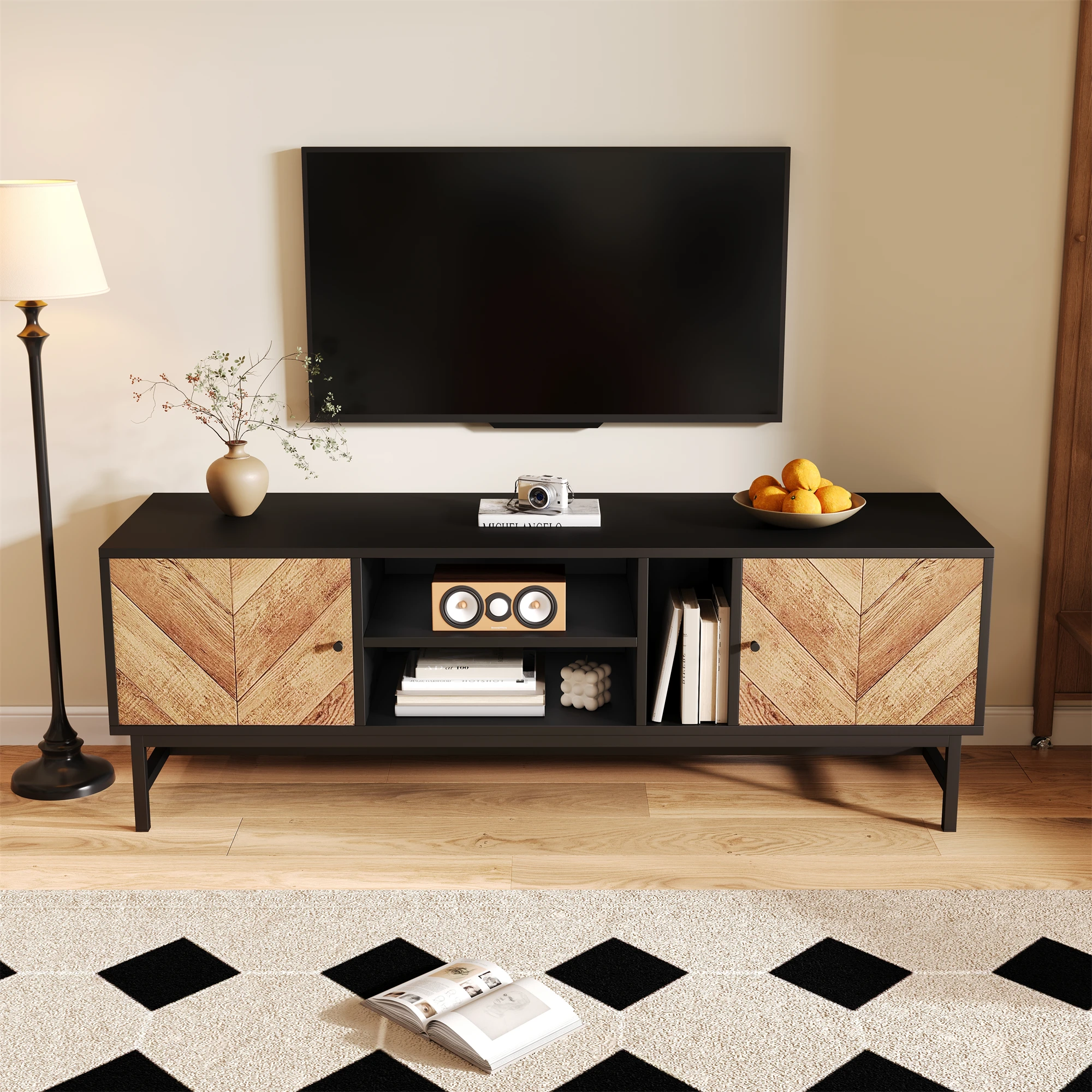 PINGGO TV-Schrank, schwarzes Holz, kontrastierend, vielseitige Aufbewahrung, modern, minimalistisch – Detail 7