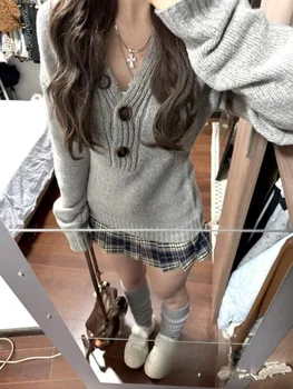 Y2k Gray V Neck Sweaters Mujer 2026 Autumn Winter New Knitted Pullover Fashion Slim Fit Long Sleeve Top for Women 1