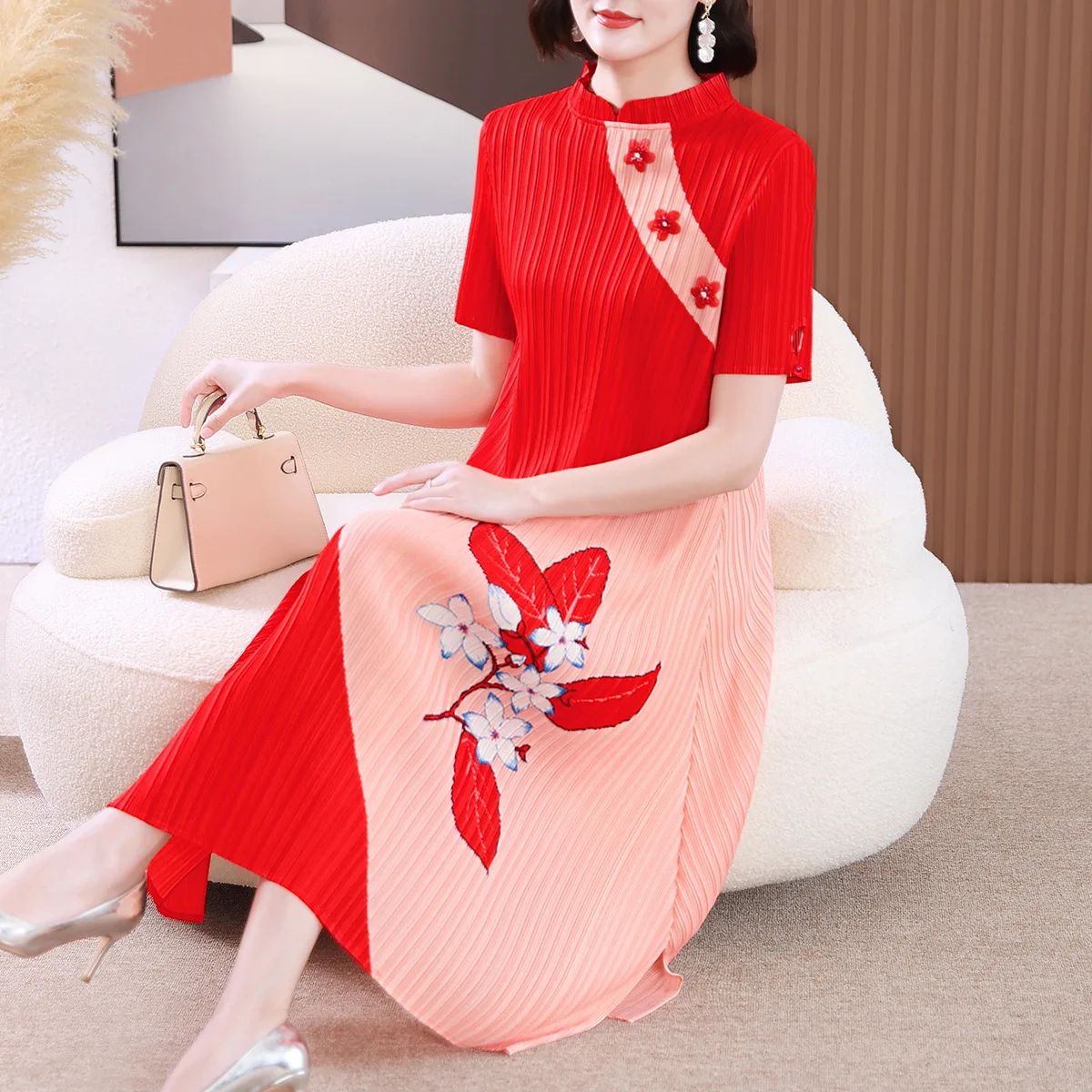 

Miyake Pleated Mom Summer Clothes Red Dress New Fashion Middle-Aged Women's Clothing Youthful-Looking Loose Plus Size Long Dress