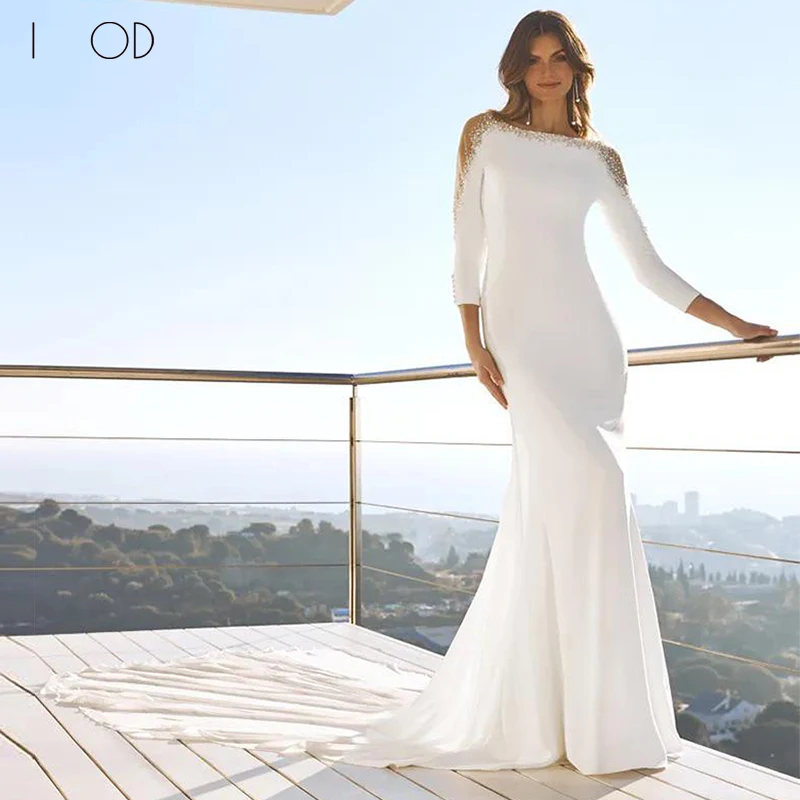 

I OD Sexy Mermaid Wedding Dress 2023 Elegant Sceep Back Bling Beaded Long Sleeves Satin Vestidos De Novia Covered Button Chapel