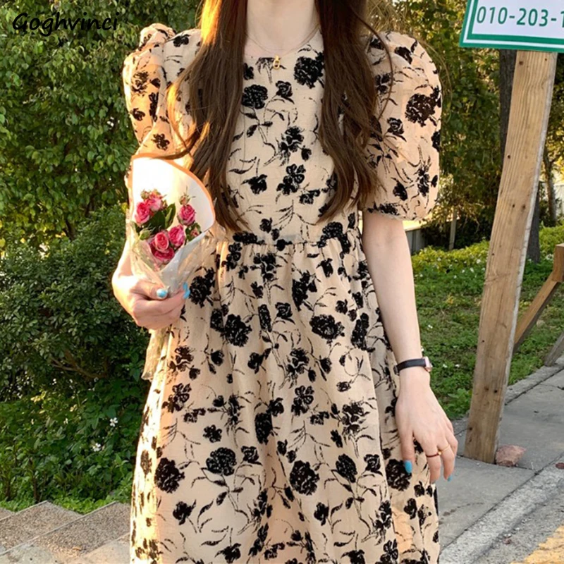 Dresses Women Floral A-line Puff Sleeve O-neck Design Sweet Kawaii