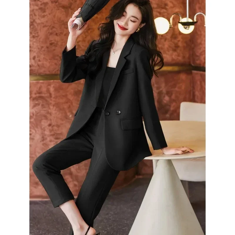 

Coffee Pink Black Women Pant Suit Office Ladies Business Work Wear Formal 2 Piece Set Female Loose Jacket Blazer And Trouser