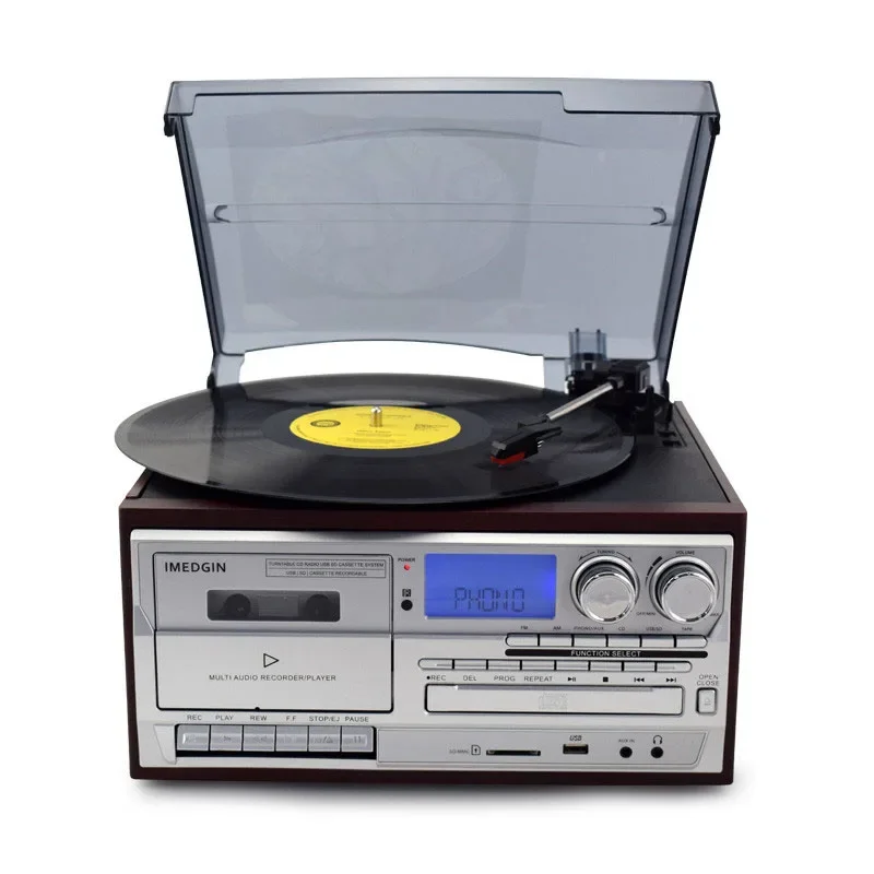 Vinyl record player Versatile Multifunctional Vintage Phonograph 3 Speed Adjustable Vinyl Record Player with Record Player CD Cassette FM/AM Radio