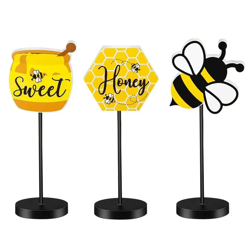 

Bee Wood Table Sign 3 Pieces Honey Standing Table Sign Freestanding Rustic Bee Table Topper Summer For Bee Tiered Tray Party