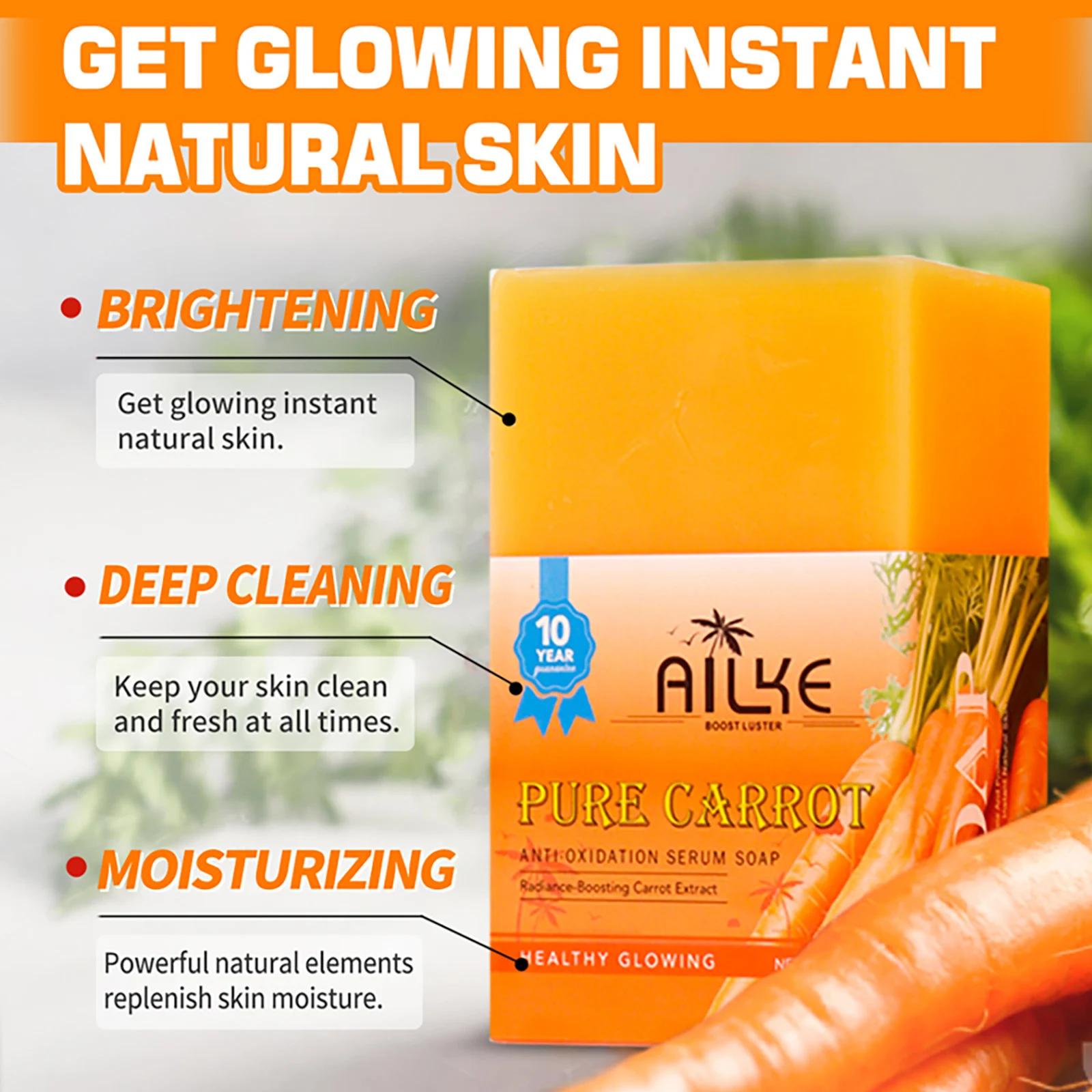 AILKE Natural Carrot Brightening Serum Soap, Lightening, Reduce Melanin, With Rich Foam, For Face, Body, Hands, Vegan Soap Bar