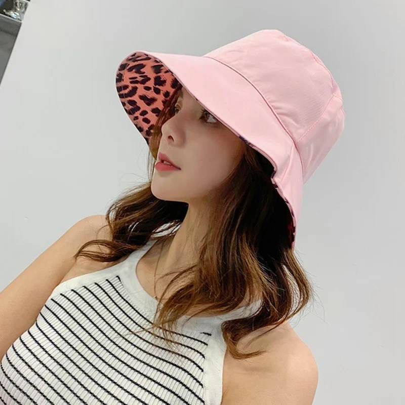 Leopard Reversible Bucket Hat Women Beach Panama Sun Hats Outdoor Wedding Party Summer Travel Caps Breathable Cotton
