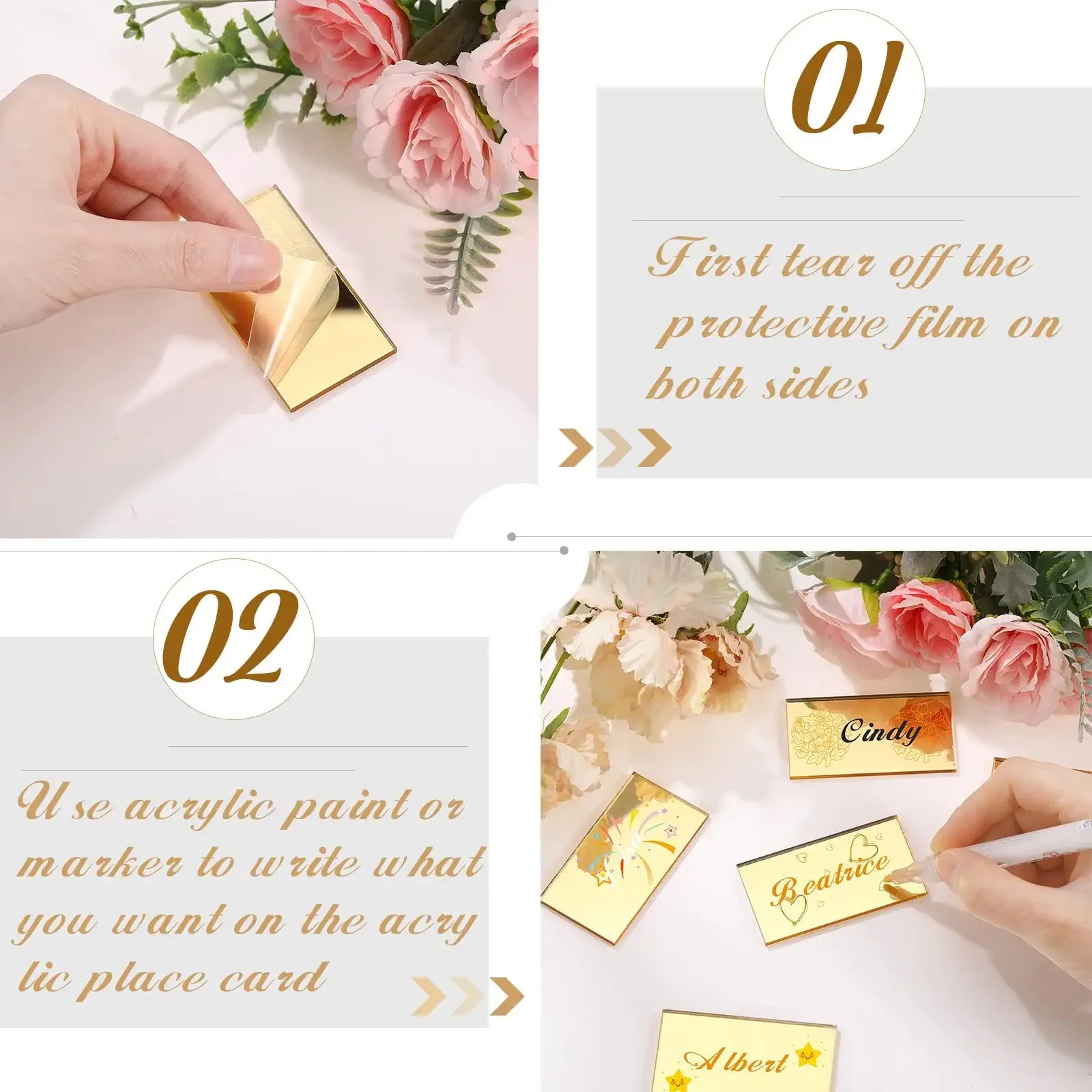 Gold Acrylic Place Cards Blank Mirror Plates Display Acrylic Rectangle Sign DIY Name Plate Table Seating Number Card