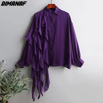 DIMANAF 플러스 사이즈 여성용 블라우스 셔츠, 시폰 술, 우아한 숙녀 상의, 긴 소매 단추, 루즈한 오버사이즈 용수철, 여름 2024