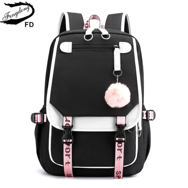 

Fengdong kids school backpack for girls korean style black pink cute backpack schoolbag kawaii backpacks for teenage girls gift