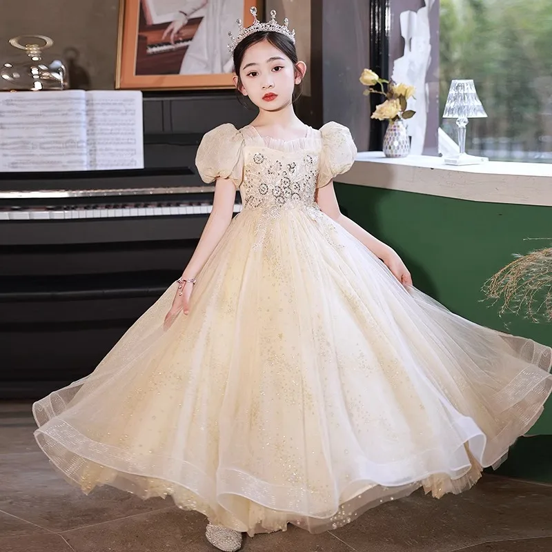 

2024 Newest Children Princess Dresses School Evening Party Kids Host Elegant Gowns Girls Birthday Banquet Formal Tulle Dress