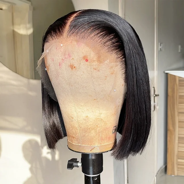 Perruque Bob Lace Frontal Wig naturelle, cheveux courts, lisses, 13x4, 100% cheveux humains, pre-plucked, 12, 14 pouces, 200% 1