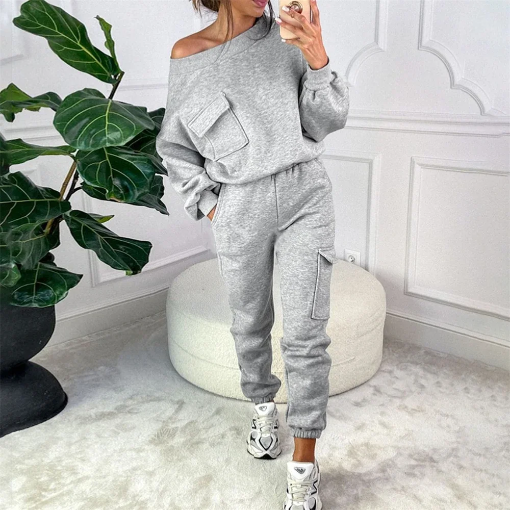 

2023 Autumn Winter Women Sweatshirt Set Solid Color Casual Pullover Daily Gym Jogging 2 Pieces Set New Woman Pant Sets Conjuntos