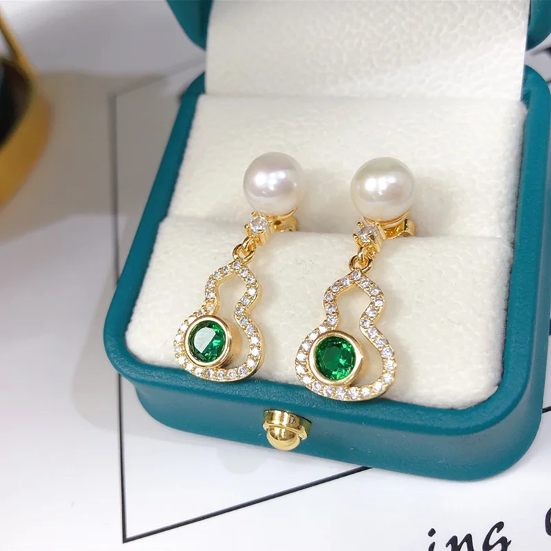 

Natural 925 silver gold 7-8mm white freshwater pearl & green zircon gourd earrings light luxury fashion versatile niche earrings