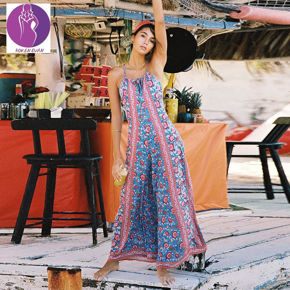 

2022 Women Jumpsuit European Fashion Retro Print Beach Style Sexy Bohemian Style One-piece Wide Leg Pants