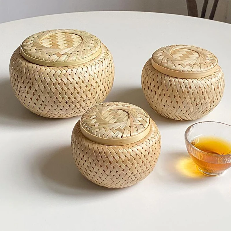 Bamboo Storage Basket With Lid Double Layer Handmade Woven Tea Basket Tabletop Storage Box for Tea Fruit Dried Fruit Snack Food 4