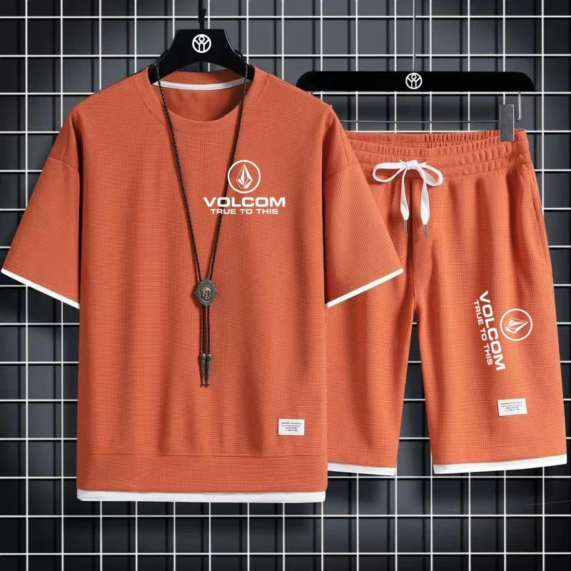 2024 VOLCOM New Man Tracksuits 2 Piece Short Sleeve Suits Printing T-shirt +Sweatpants Sets Sutdent Casual Summer Sport Clothes 6