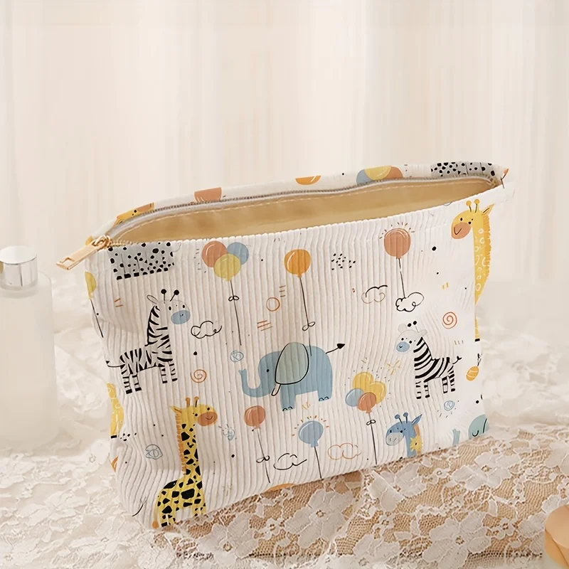 1 animal patterned corduroy makeup bag, lightweight zipper makeup storage box, multifunctional bag with lining