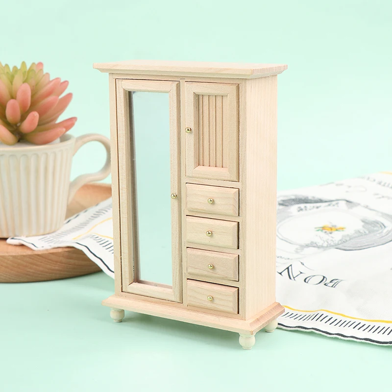

1:12 винтажный деревянный шкаф с зеркалом и ящиками, модель декора для кукольного домика