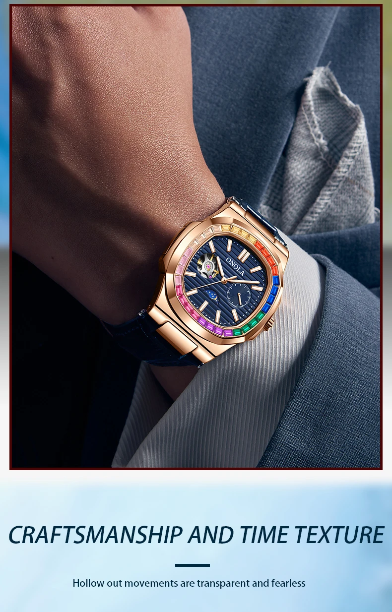 ONOLA Fashion Colorful Diamond Hollow Fully Automatic Mechanical Men's and Women's Watches Waterproof Leather Watch Men's Clock_voghion.com