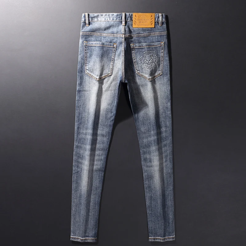 High Street Fashion Men's Jeans Vintage Blue Elastic Tight Designer Bicycle Jeans Designer Hip Hop Pants Homebre