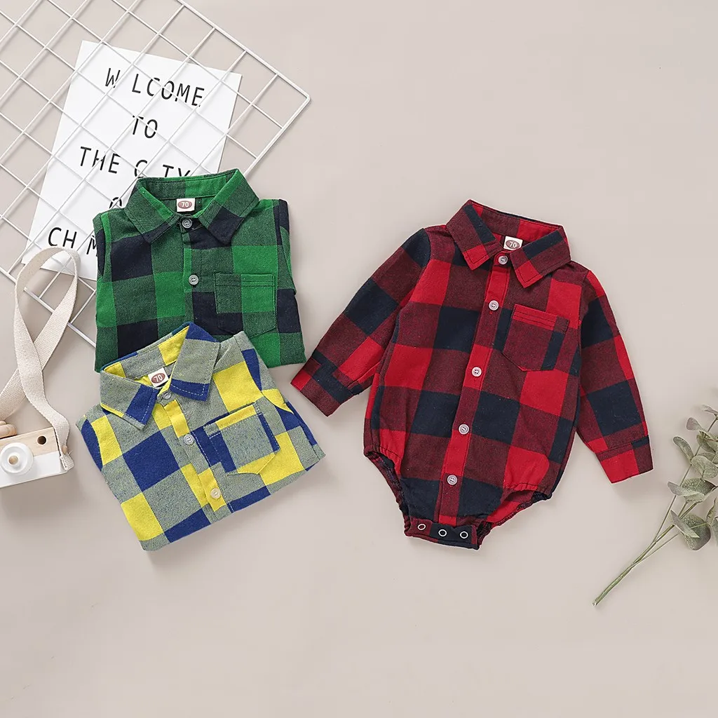 Stylish red plaid romper for newborn boys, featuring long sleeves and a button-up collar. Perfect for spring & autumn, made from a soft cotton-polyester blend.