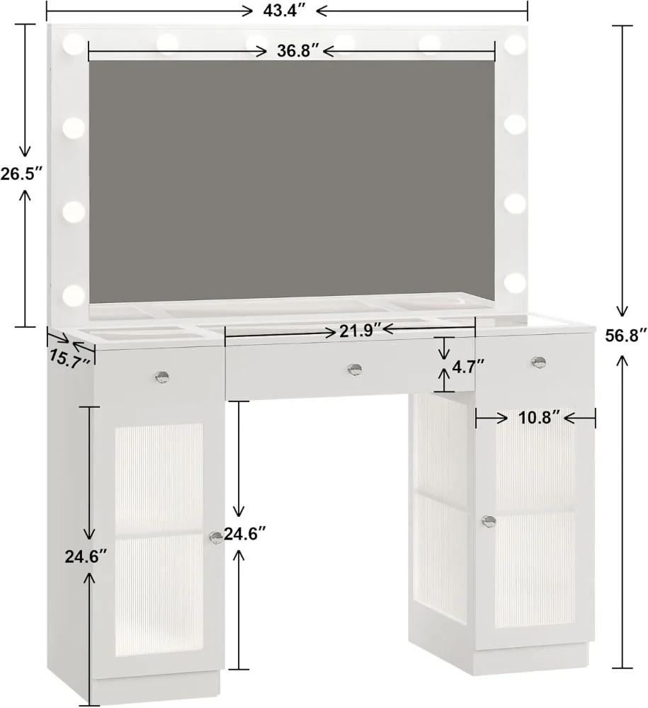Vanity Desk Mirror and Lights, Glass Top Vanity Lights & Power Outlet, Makeup Desk Lights, Table 3 Color Lighting Modes