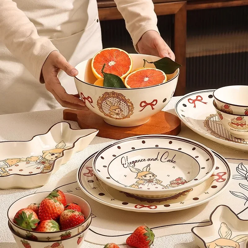 French Retro Hepburn Rabbit Tableware,Home Fairy Tale Fairyland Cartoon Ceramic Dish Set,Romantic and High-end Housewarming Gift
