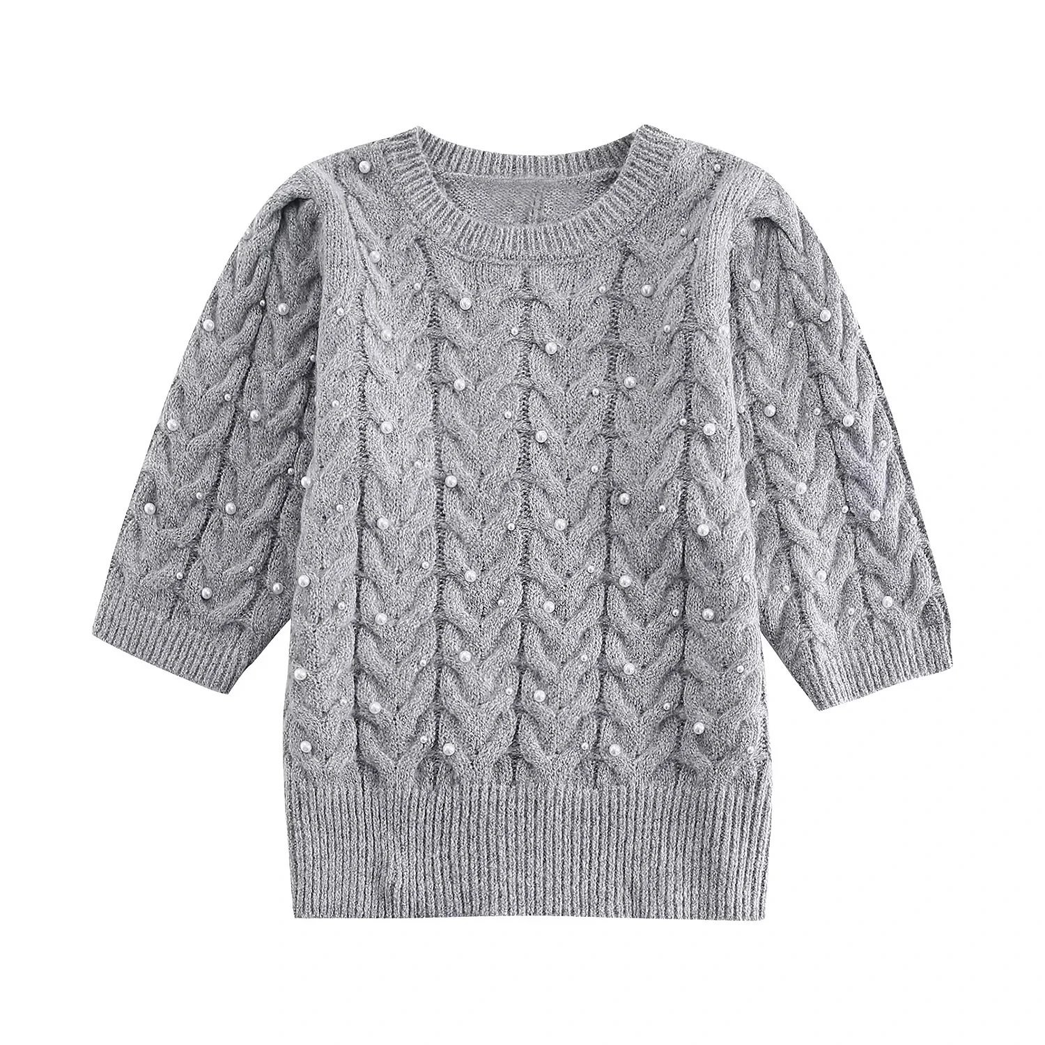 

Женский трикотажный свитер с жемчужинами, круглым вырезом и коротким рукавом