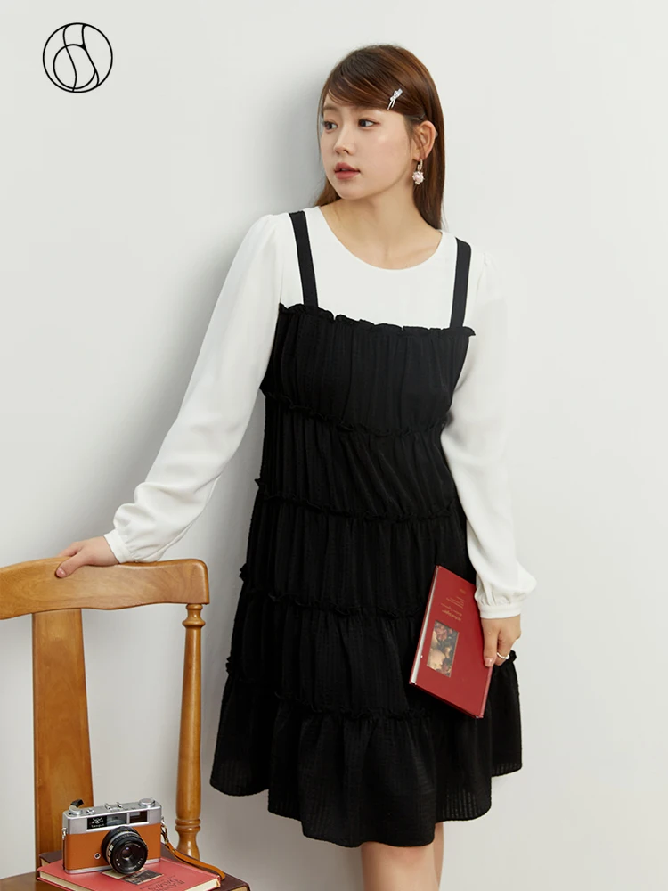 

DUSHU Fake Two Piece Suspended Skirt For Women Autumn 2023 New Slim Simple Romantic Black White Contrast Color Skirt For Women