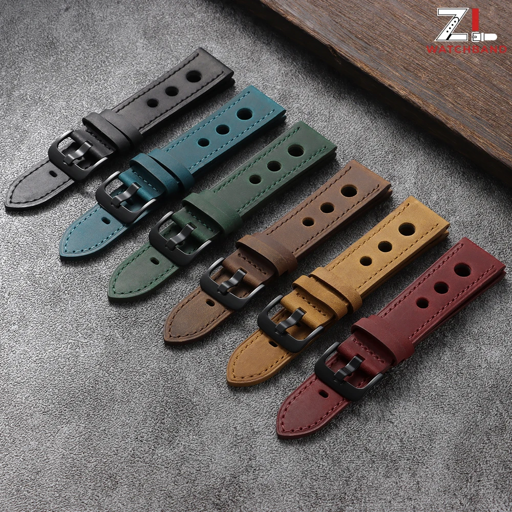 Premium Crazy Horse Leather Watchband - Genuine Cowhide, Breathable Racing Strap