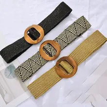 

1PC Women Fashion Casual Straw Belt Round Wooden Buckle Elastic Waist Chain Belly Necklace Body Jewelry Dress Shirt Accessories