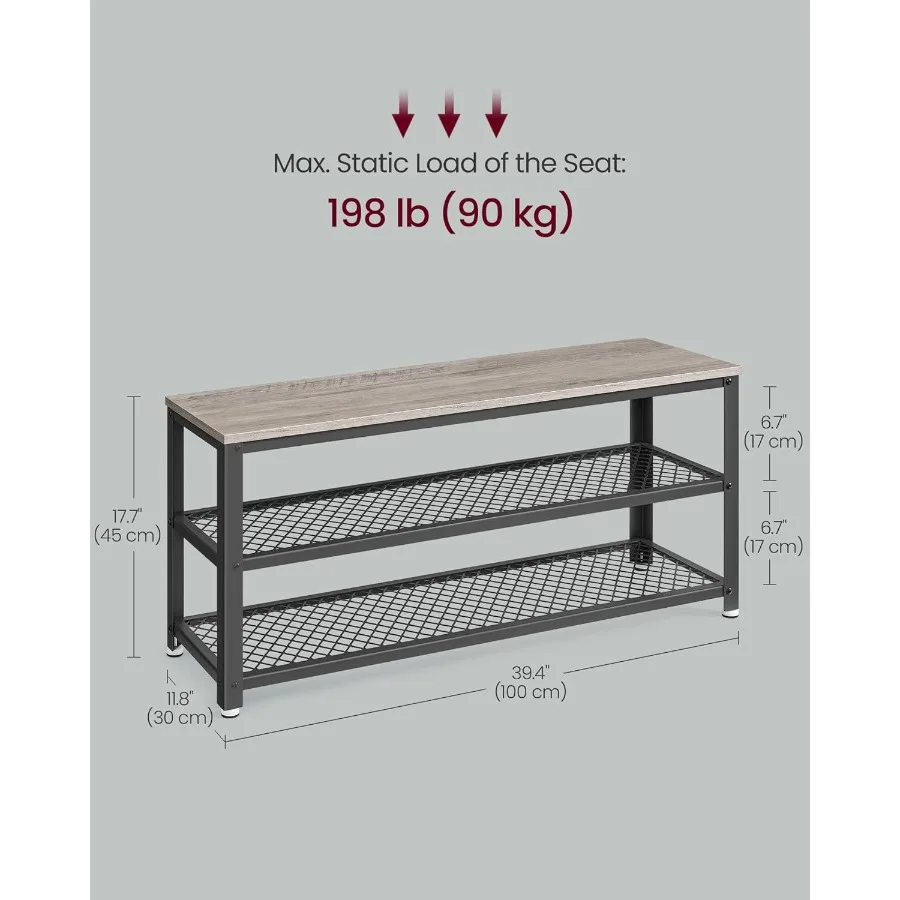 3Tier Shoe Rack Shelf Storage Bench with Metal Mesh Shelves and Seat Free Standing Shoe Organizer for Entryway 11.8 x 39.4 x 17