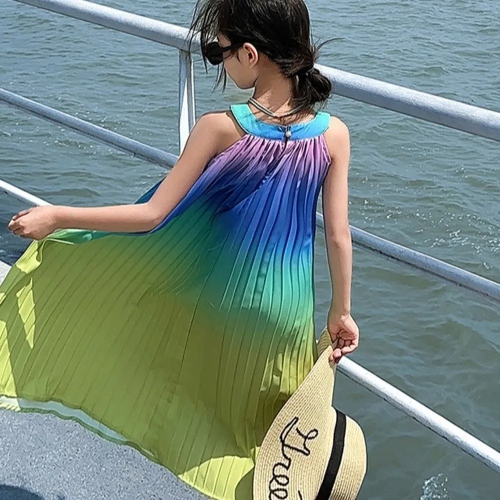 Sleeveless Children Beach Vacation Skirt Holiday Ruffled Kids Suspenders Pleated Dress Princess Gradient Color