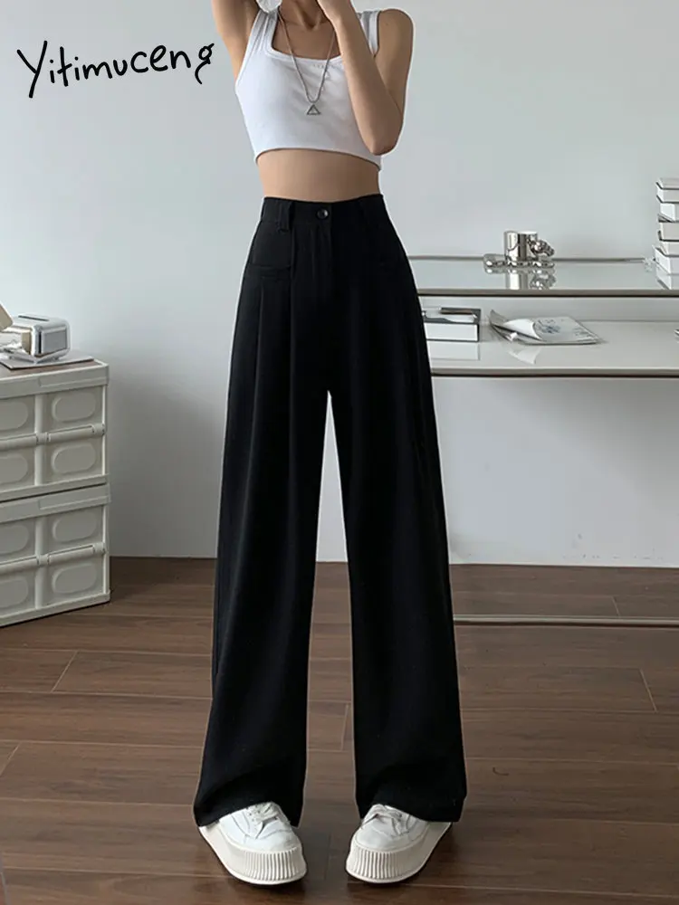 Yitimuceng High Waisted Pants for Women 2023 Autumn New Fashion Solid  Casual Straight Pant Office Lady Loose Chic Wide Leg Pants