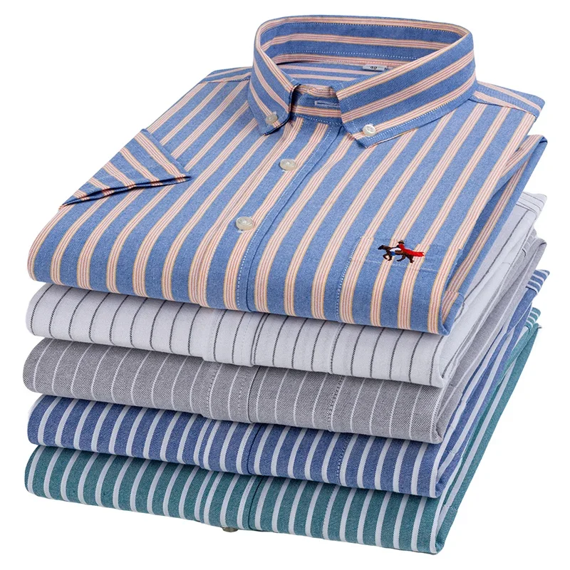 Men Pure Cotton Oxford Short Sleeve Shirts Classic Vintage Single Pocket Embroidery Casual Shirt Standard Button Workwear Shirts