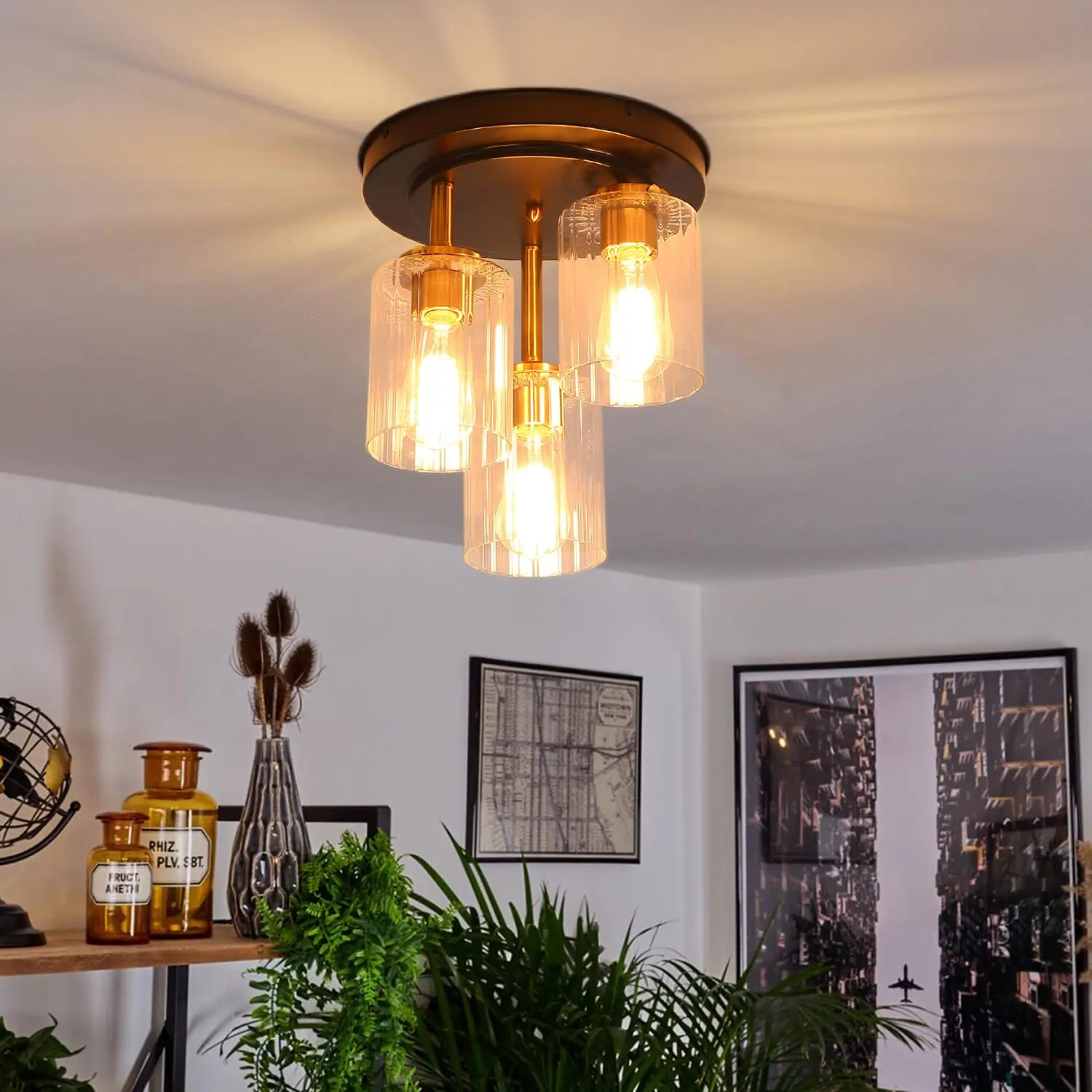 

Modern Glass Ceiling Lamp, Living Room Ceiling Light, 3 Light, Cylindrical, Kitchen, E27, 24x30cm