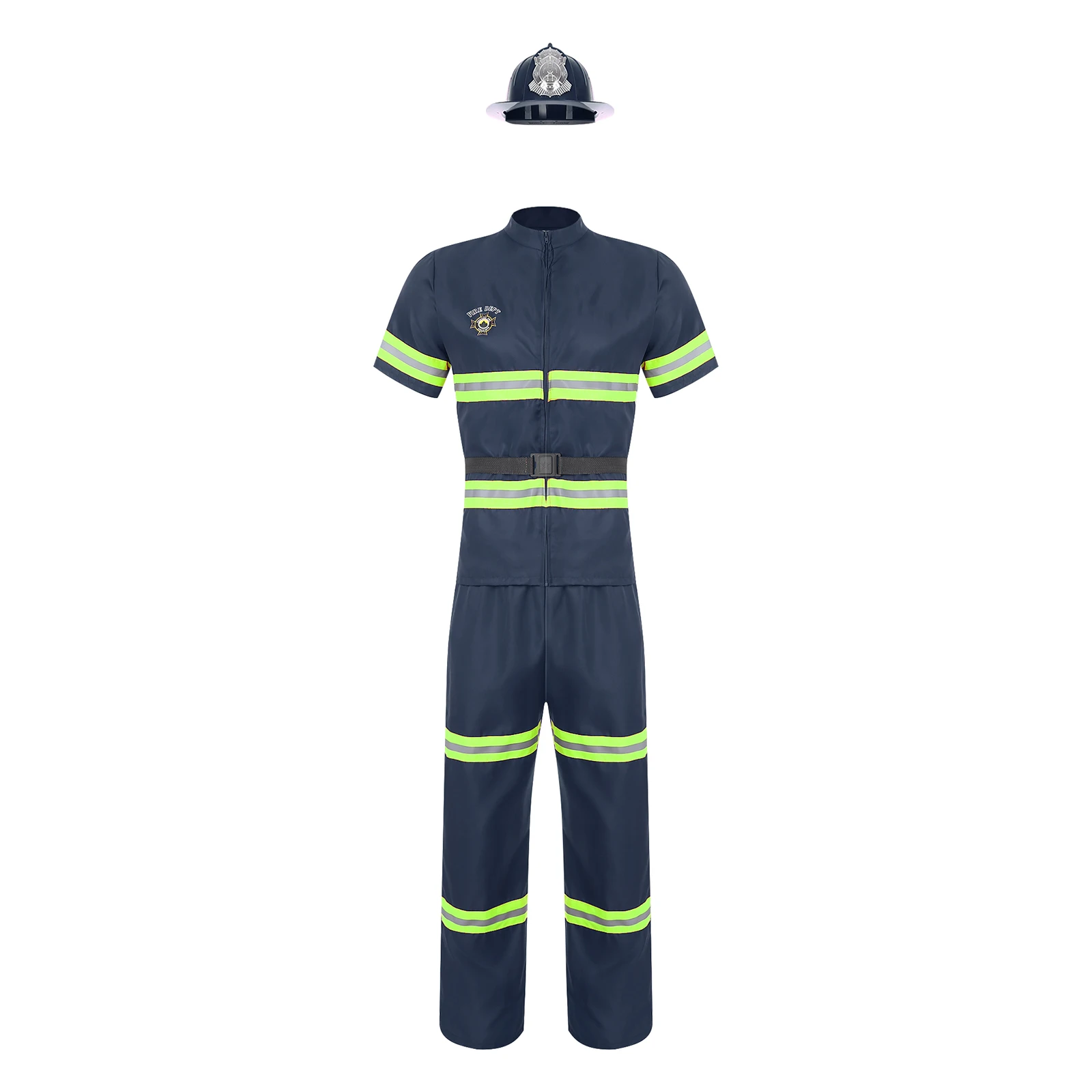 Men Firefighter Dress Up Costume Halloween Fireman Cosplay Dresses Belt Short Sleeve Jacket and Pants with Hat Set