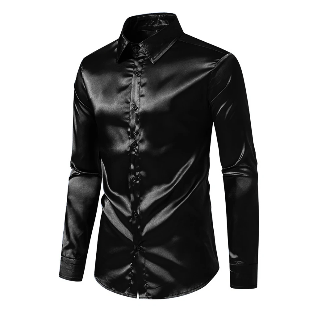 Stylish Satin Silk Men's Dress Shirt Slim Fit Long Sleeve Perfect for Parties and Special Events (106 characters)