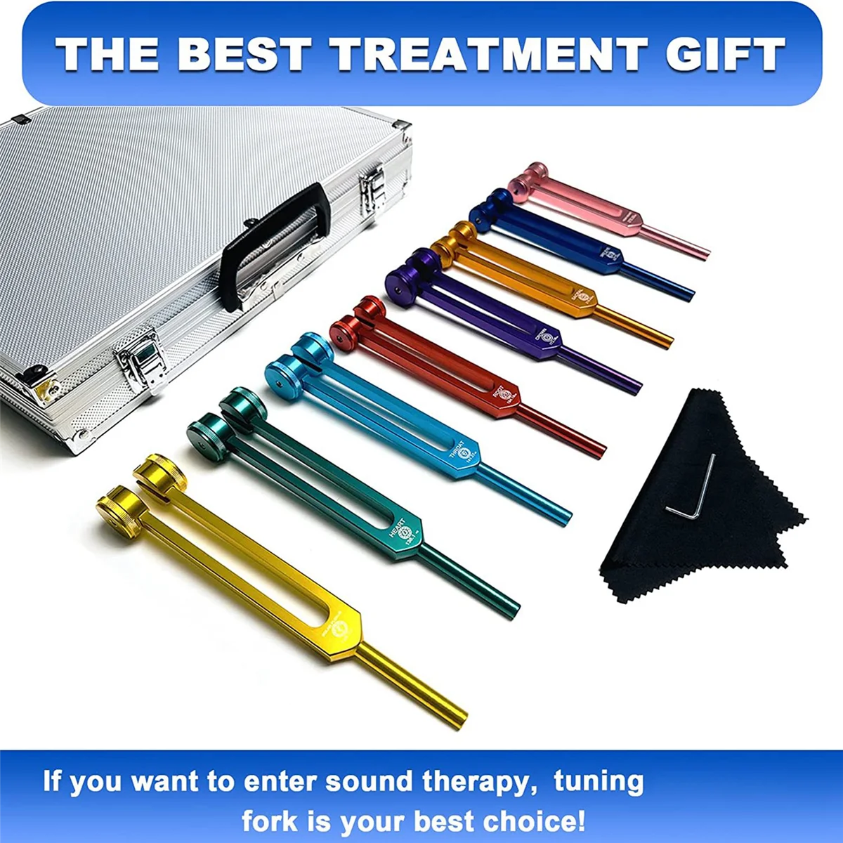 New Chakra Tuning Fork Set for Healing,Sound Therapy,Keep Body,with Rubber Mallet,Wrench,Cleaning Cloth and Aluminum Box 4