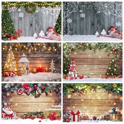 Christmas Wooden Board Backdrop Xmas Rustic Wood Wall Snow Glitter Tree Balls Planks Party Photo Background Photography Props